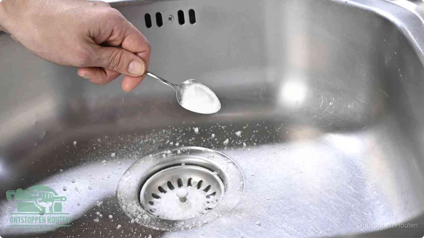 Een hand strooit met een lepel soda in de afvoer van een roestvrijstalen spoelbak, de soda en azijn huismiddel-methode om de afvoer te ontstoppen in Houten
