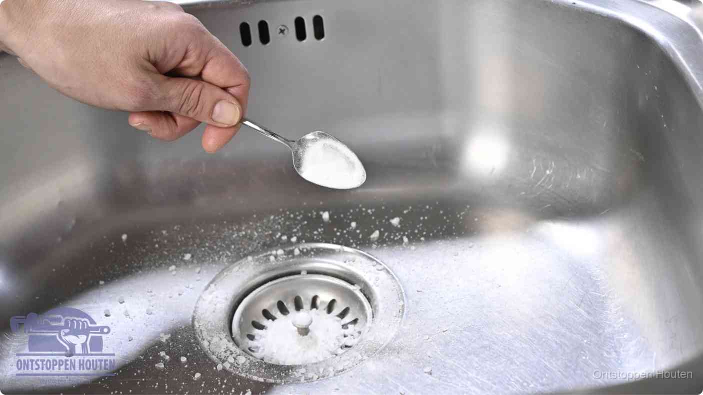 Een hand strooit met een lepel soda in het afvoerputje van een rvs spoelbak, de soda en azijn huismiddel-methode in Houten
