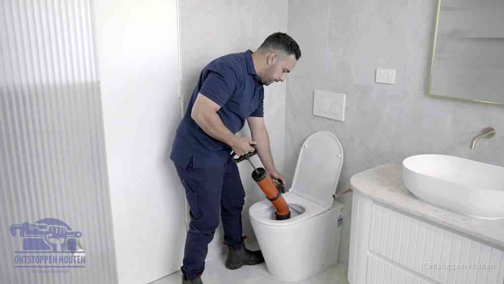 Een monteur buigt over een wandcloset en duwt met de hand een persluchtontstopper in de toiletpot om de verstopping handmatig los te maken in Houten