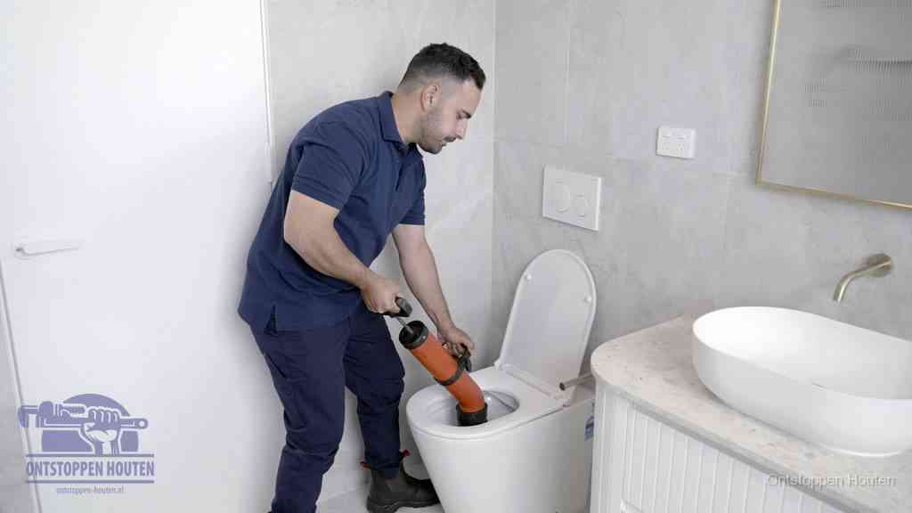 Een monteur gebruikt een handmatige perspomp (toiletontstopper) op een wandcloset tijdens het professioneel wc ontstoppen in Houten