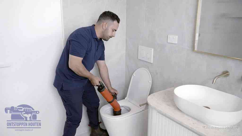 Een man gebruikt een handmatige luchtdruk-ontstopper in een modern betegeld toilet om zelf de wc te ontstoppen in Houten